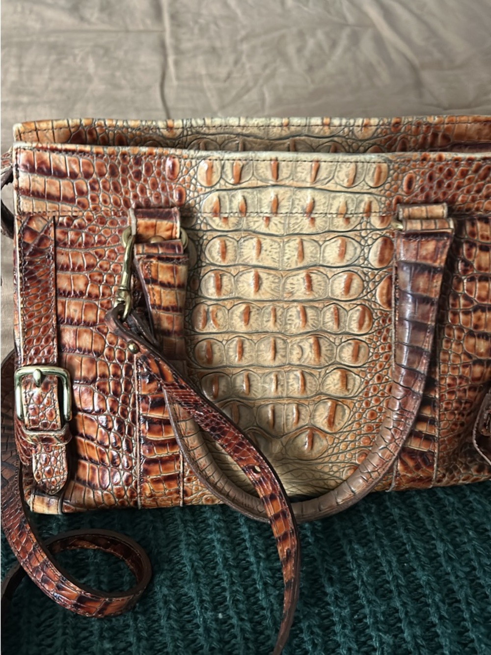 Brahmin Croc-Embossed Leather Tote Bag in Brown and Cream